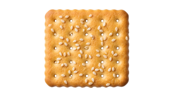 Golden brown rectangular cracker with sesame seeds and perforated holes isolated on transparent background
