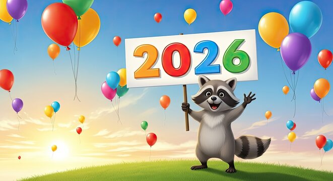 A cheerful raccoon enthusiastically presents the year 2026 amid a vibrant display of floating balloons against a bright sky, heralding a sense of anticipation and excitement.
