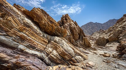 Fototapeta premium Layered rock formations displaying bands of minerals shaped by pressure and erosion over time
