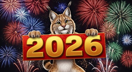 A festive lynx with a vibrant fireworks display ushering in the New Year 2026. 