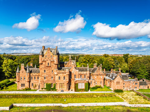 Ayton Castle from a drone, Ayton, Eyemouth, Scottish Borders, Scotland, UK