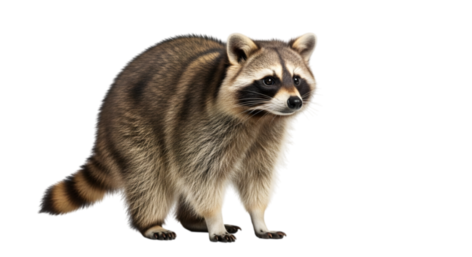 A detailed full body portrait of a wild raccoon standing and looking to the right isolated on transparent background