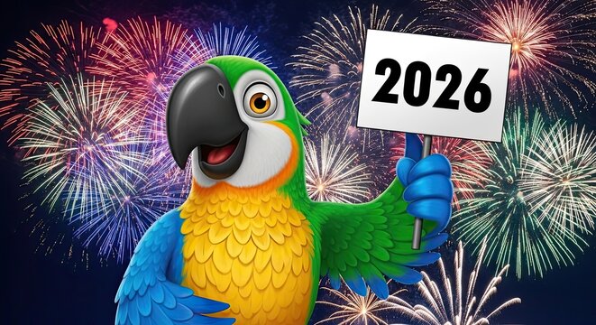 A cheerful cartoon parrot heralds the coming of the year 2026 amid a vibrant display of festive fireworks, celebrating the anticipation of future prospects.