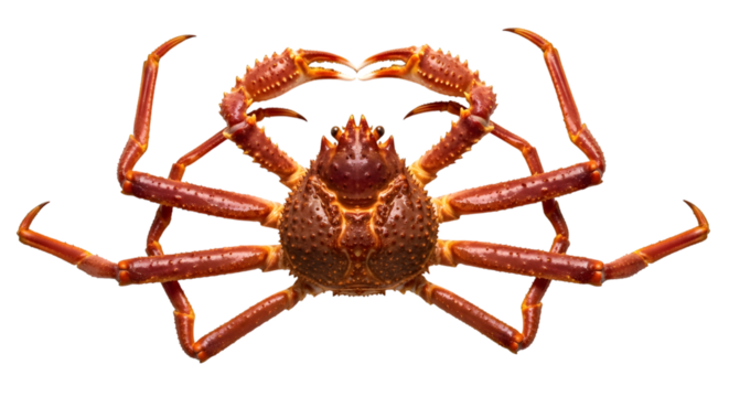 A large orange spiny king crab with prominent claws and long legs isolated on transparent background