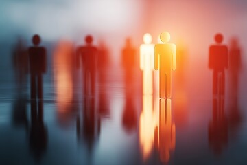 Fototapeta premium Group of shadowy figures with one illuminated person standing out in a mysterious atmosphere filled with soft lighting