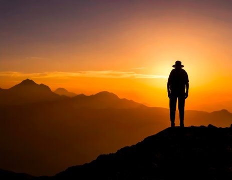 A hiker stands in silhouette on a mountain peak at sunset. a view of a journey's end. a moment of contemplation. abstract travel or quote background with copy space.