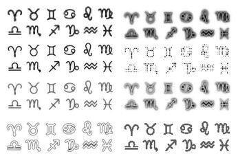 Halftone Zodiac Symbols, Fully Editable Vector of Astrological Signs in Halftone Pattern, Multiple Patterns of Zodiac Signs