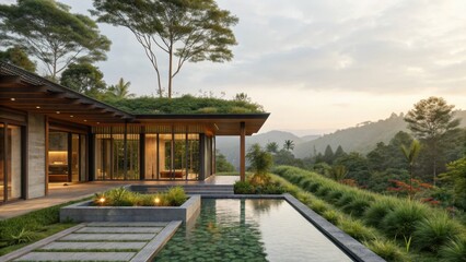 Fototapeta premium wellness inspired architecture Modern architecture blends with nature, featuring a serene landscape and reflecting pools.