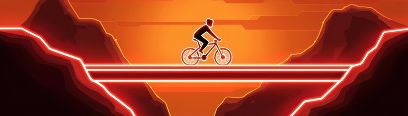 Obraz premium Dynamic silhouette of a cyclist on a glowing bridge against a vivid orange and red background in a stylized landscape