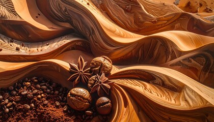 Abstract depiction of coffee beans, spices, and ground coffee nestled within stylized, flowing wood textures