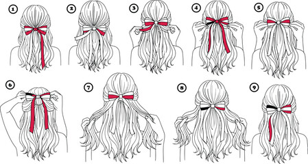 Step by step illustration of how to tie a beautiful ribbon bow in long wavy hair