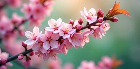 Obraz premium Buds of a blooming cherry blossom tree, soft pink petals, gentle sunlight filtering through Soft focus shot of numerous delicate pink cherry blossom buds and a few partially opened blossoms. Gentle
