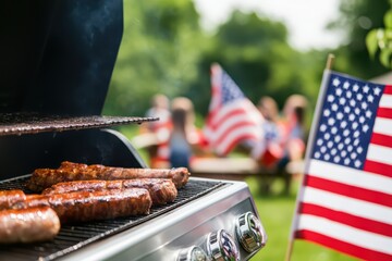 Grilling Meat on Barbecue with American Flags in Background During Summer Gathering in Backyard Celebration
