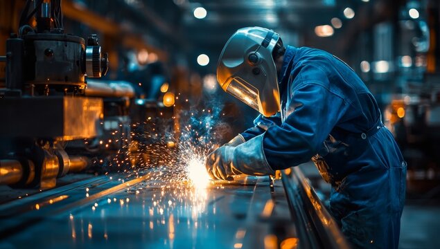 Professional Welder in Protective Gear Welding Metal with Bright Sparks in a Factory Setting, Industrial Manufacturing and Skilled Labor Concept