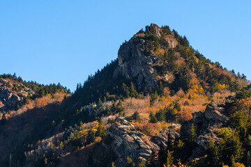 View of Linville Peak from the picnic parking lot on Grandfather Mountain Drive on the Blue Ridge Parkway in autumn