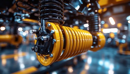 Obraz premium Close-up of a Yellow and Black Car Suspension System in a Modern Automotive Factory, Engineering and Manufacturing