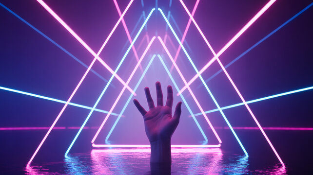 Human Hand Emerging from Water Surrounded by Multiple Neon Light Triangles Symbolizing Digital Immersion Virtual Reality or AI Interface