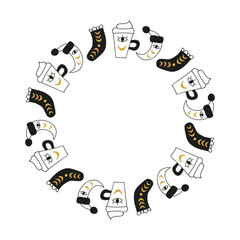 Cute Christmas wreath with crescent moon, creamy drink and sock isolated on white background. New year circle frame with celestial icons.