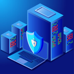 Data Centre/server room security IT concept, Cloud technology infrastructure protected from viruses, computer firewall concept