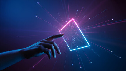 Human Hand Touching Glowing Light Sphere Shattering into Sharp Digital Fragments Symbolizing Data Explosion or Quantum Technology Concept