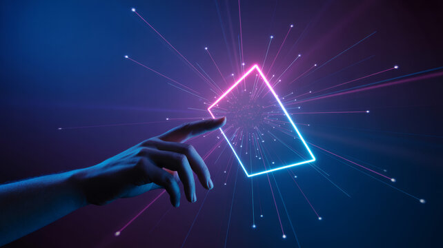 Human Hand Touching Glowing Light Sphere Shattering into Sharp Digital Fragments Symbolizing Data Explosion or Quantum Technology Concept - Powered by Adobe