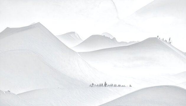 An aerial view unveils a pristine snow-covered mountain range shrouded in a hazy atmosphere, tiny figures atop peaks - Powered by Adobe