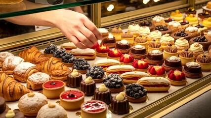A baker's hand delicately selecting pastries in a vibrant display case