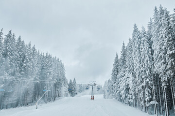 Ski slope with a chairlift through a snowy forest.
