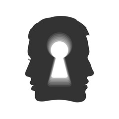 Man and women profile with keyhole graphic icon. Gender psychology sign isolated on black background. Relationship and understanding symbol. Vector illustration