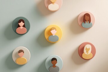 Diverse collection of illustrated faces displayed on a wall, showcasing different hairstyles and skin tones in a modern, minimalist setting