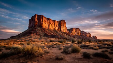 Naklejka premium Rare desert mesa glowing under sunrise hues highlighting textures and intricate formations