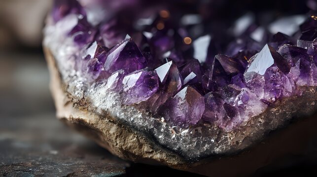 Polished geode interior with glimmering amethyst crystals in sharp macro focus