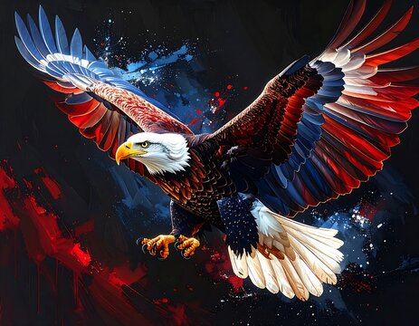 An artistic painting depicts a majestic eagle in flight against a backdrop of red, white, and blue abstract splashes