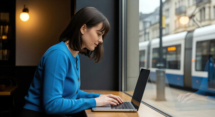 Support specialist typing a reply at a city window seat, answering a client message about orders or bookings, practical for help center guides or chat hiring ads for service teams