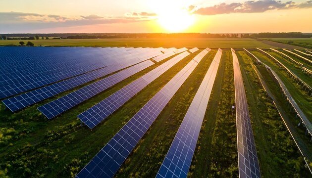 Aerial shot of a large solar panel array in a field, illuminated by a golden sunset. The panels are organized in rows