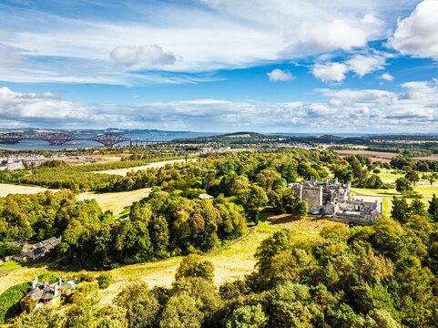 Dundas Castle over South Queensferry from a drone, Edinburgh, Scotland