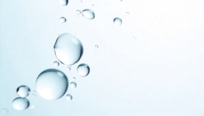 Delicate suspended droplets of water on a stark white void, symbolizing purity and fluidity. Multiple perfect, translucent water droplets, suspended in a pure white void with no visible source or