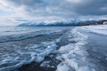 Snow-Covered Mountain Range Meeting Ocean With Waves Breaking Along Frozen Shore, Storm Clouds Gathering, Dramatic Arctic Coastline, Polar Wilderness Seascape