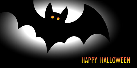 Halloween Bat Illustration with Glowing Eyes and Gradient Text on Spotlight Background.This design evokes a spooky yet festive atmosphere, making it ideal for seasonal greetings, or party invitations 