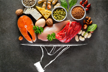 Sources of protein. High protein food for bodybuilders as fish, beef, chicken breast, dairy, eggs, buckwheat, nuts, bean, pumpkin seed, sunflower seed.