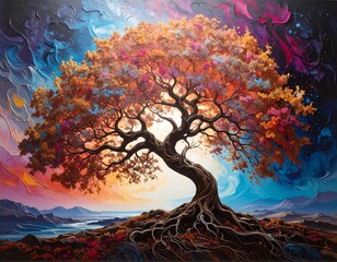 An artistic painting depicts a vibrant tree with fiery leaves and a gnarled trunk. The roots cling to a hill. The background shows a colorful sky