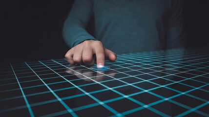 Hand Finger Touching Digital Holographic Grid Interface Screen Modern Technology Concept Data Network Control Security Access Authentication