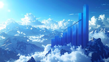 An abstract, vibrant rendering depicting a growing business. Blue bar chart emerges from fluffy clouds above snow-capped mountains. Arrow indicates growth