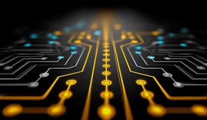 Close up of a circuit board with yellow and blue lines. Concept of complexity and precision, as the intricate lines