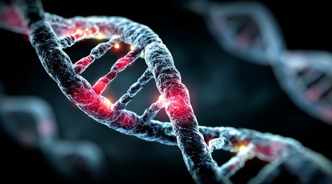 Close up of a DNA strand with red glowing spots. The strand is twisted and has a dark blue color