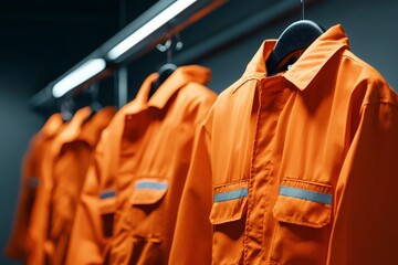 Orange workwear uniforms hanging on a rail