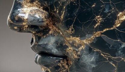 Face with a gold face mask on it. The face is surrounded by a black background. The face is very detailed