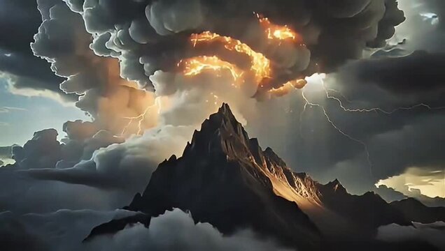 Massive lightning strike causes fiery explosion behind mountain. Smoke and fire rise as storm rages. Apocalyptic video animation of natural disaster.