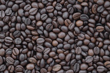 Close-up of roasted Arabica coffee beans. Background of brown roasted coffee beans