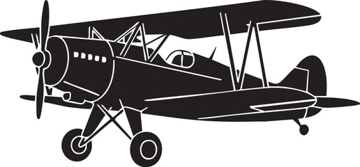 Classic Biplane Vintage Aircraft Silhouettes Isolated Flat Element Minimal Design